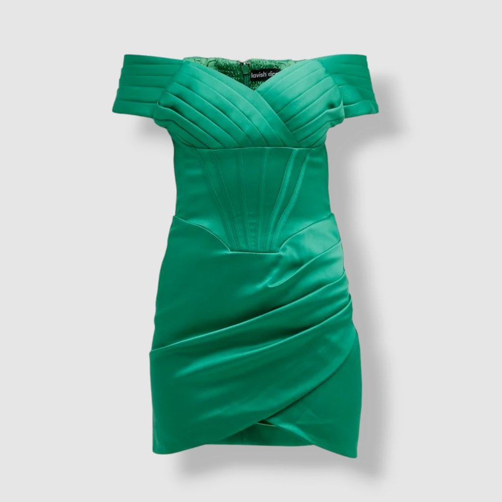 Lavish Alice Pleated Off-Shoulder Satin Corset Mini Dress Size 4